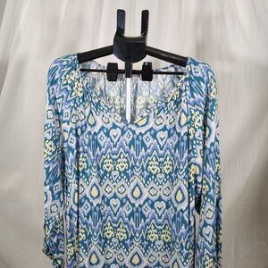 Emily Wonder Women’s 1X Ikat Print Blouse | Blue Green Boho Rayon Top
